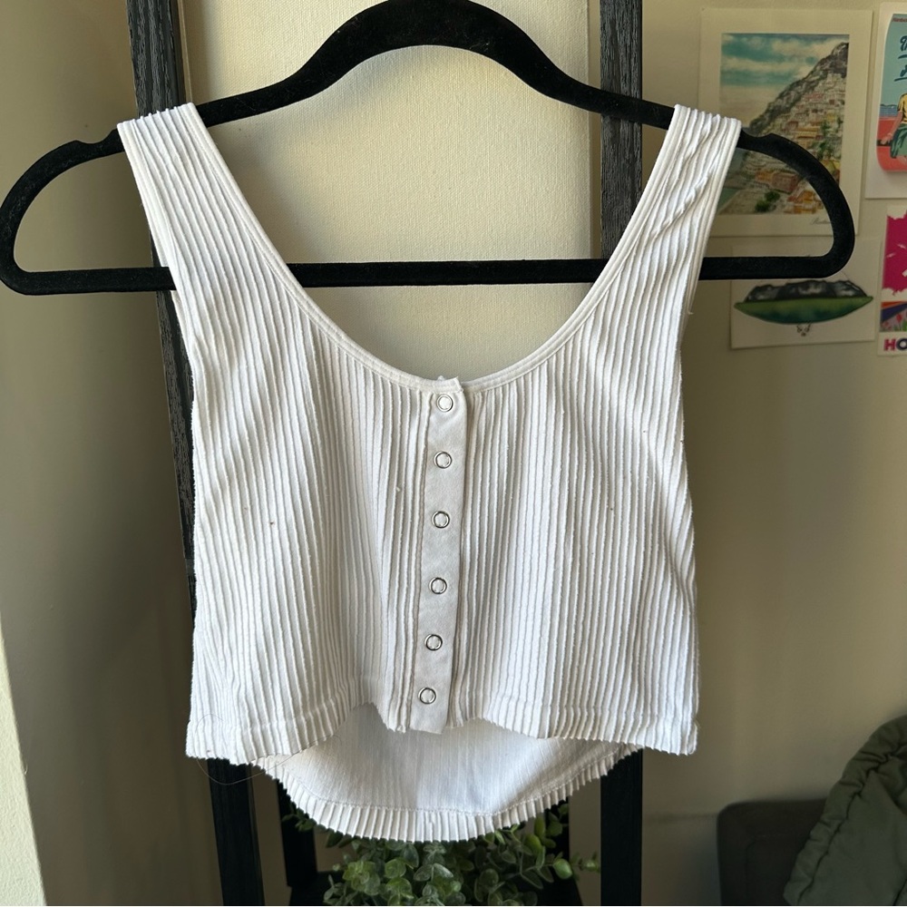 Free People White Ribbed Button-Up Crop Top